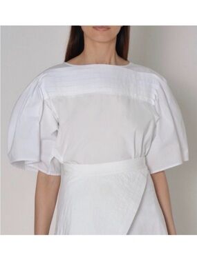 Merlette Canova White Puff Sleeve Cotton Poplin Blouse Medium Pleated Top